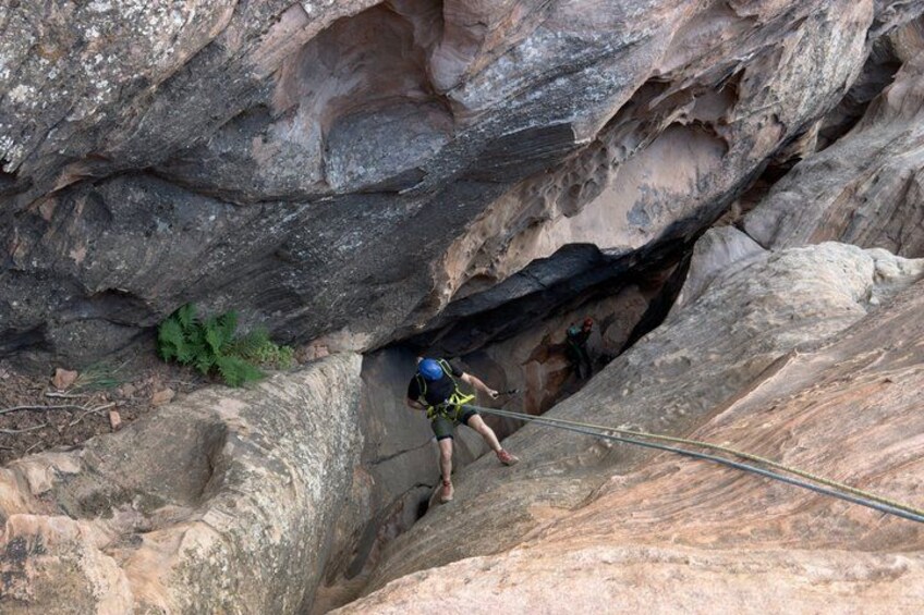 A person rappelling down a rocky cliff. 3