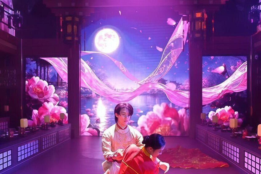 A person in traditional attire, a moonlit background, and pink flowers. 5