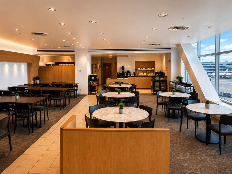 A modern indoor dining area with round tables, chairs, and a kitchen in the background. 2