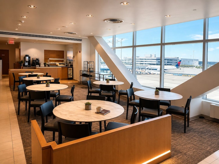 A modern airport lounge with round tables, chairs, and a view of the airport terminal. 1