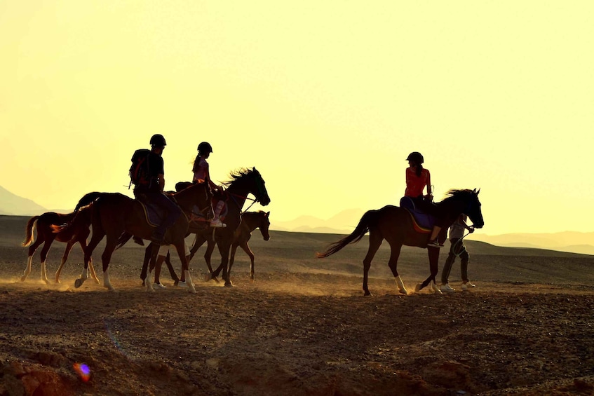 Three people riding horses in a desert landscape during sunset. 5