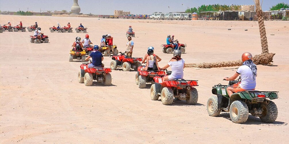 People riding ATVs on a sandy terrain with a large tree and a distant tower. 2