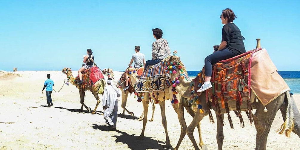 A group of camels with riders on a sandy beach, leading towards the sea. 2
