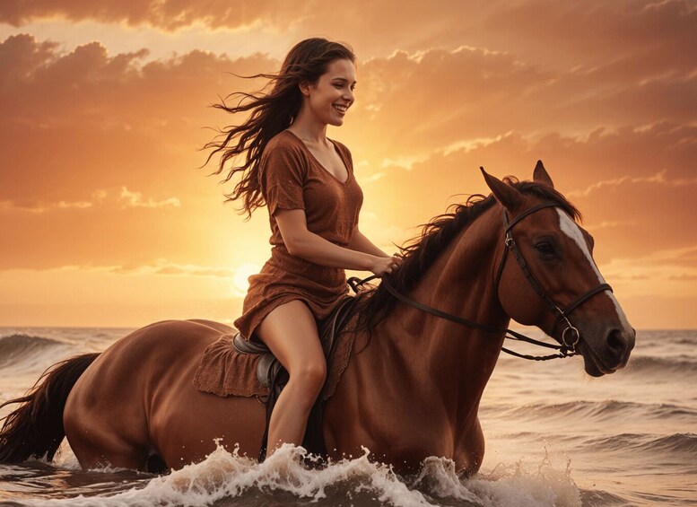 A person riding a horse on a beach at sunset. 1