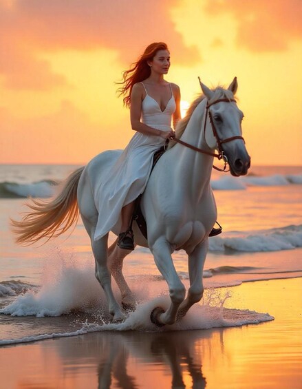 A woman in a white dress riding a white horse on a beach at sunset. 1