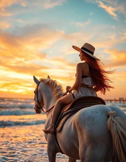 A woman riding a white horse on a beach at sunset. 1