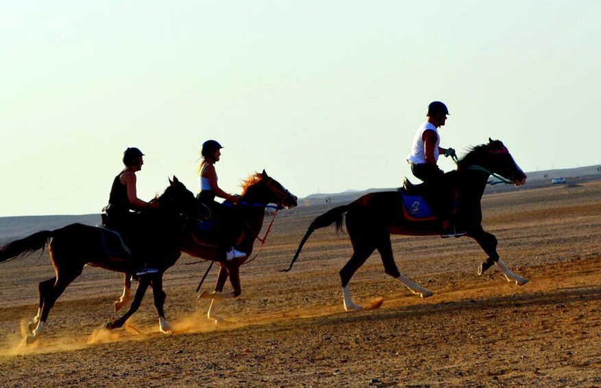 Three people riding horses in a desert landscape. 5