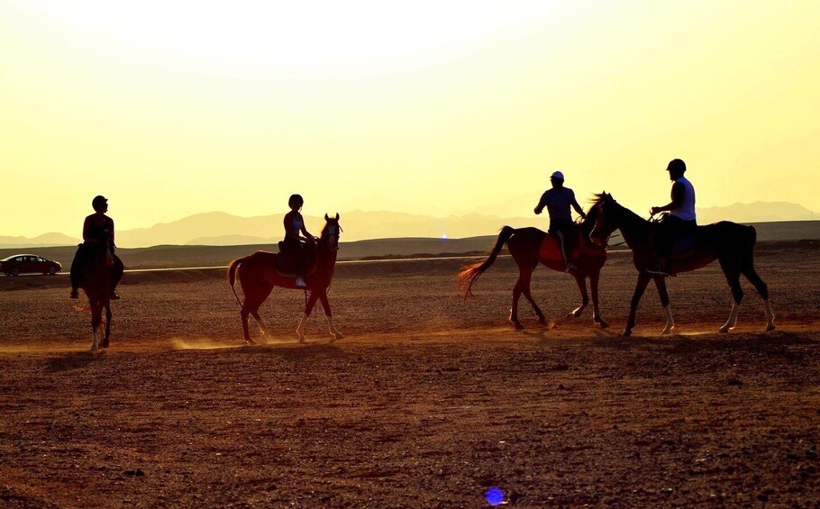 Eine Gruppe von Menschen reitet bei Sonnenuntergang durch eine Wüstenlandschaft. 3