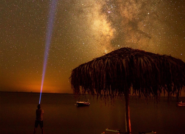 A person with a blue laser pointer, a thatched-roof structure, and a body of water. 3