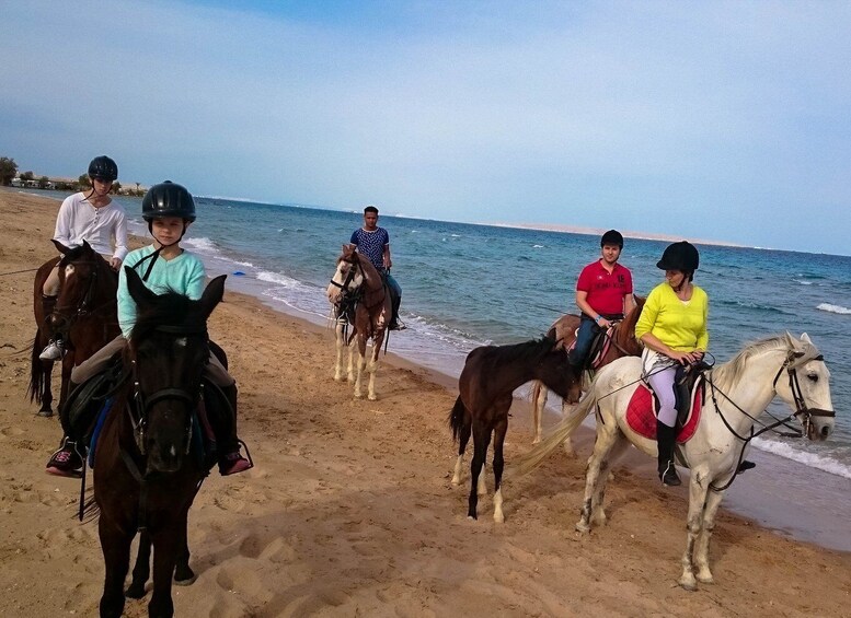 A group of people riding horses along a beach. 4