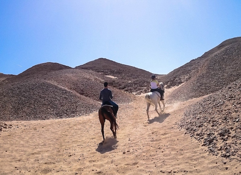 Two people horseback riding on a dirt trail in a mountainous area. 3