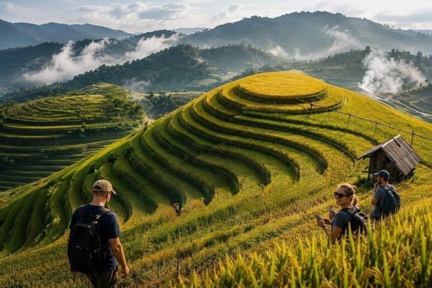 Terraced rice fields, a small wooden structure, and a hiker with a backpack. 3