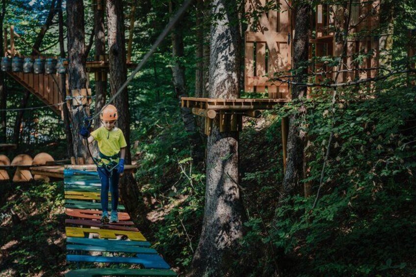 A person on a colorful wooden bridge in a forest. 5