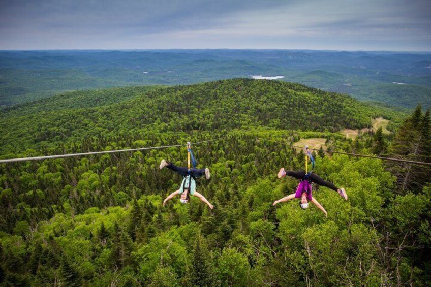 Two people bungee jumping from a high wire over a forested landscape. 5