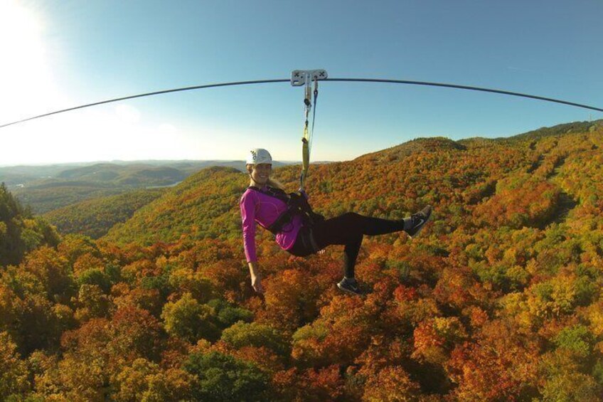 A person suspended on a zipline over a forested area with autumn foliage. 1