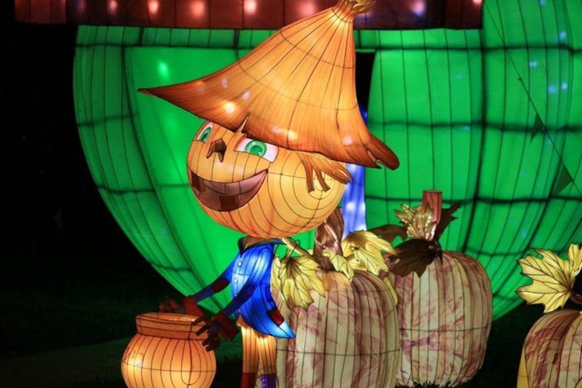 A pumpkin lantern with a smiling face, a large green backdrop, and several pumpkins. 2