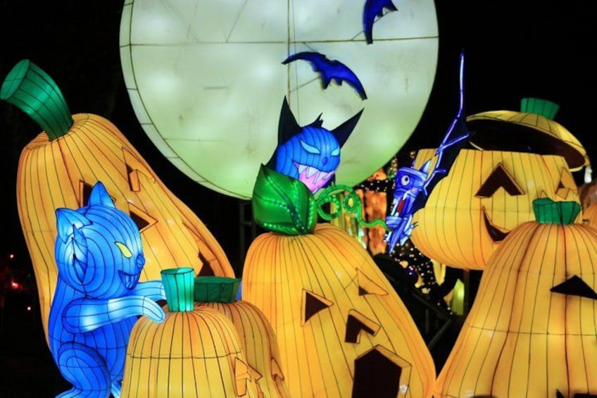 Illuminated Halloween pumpkins with bat designs. 3