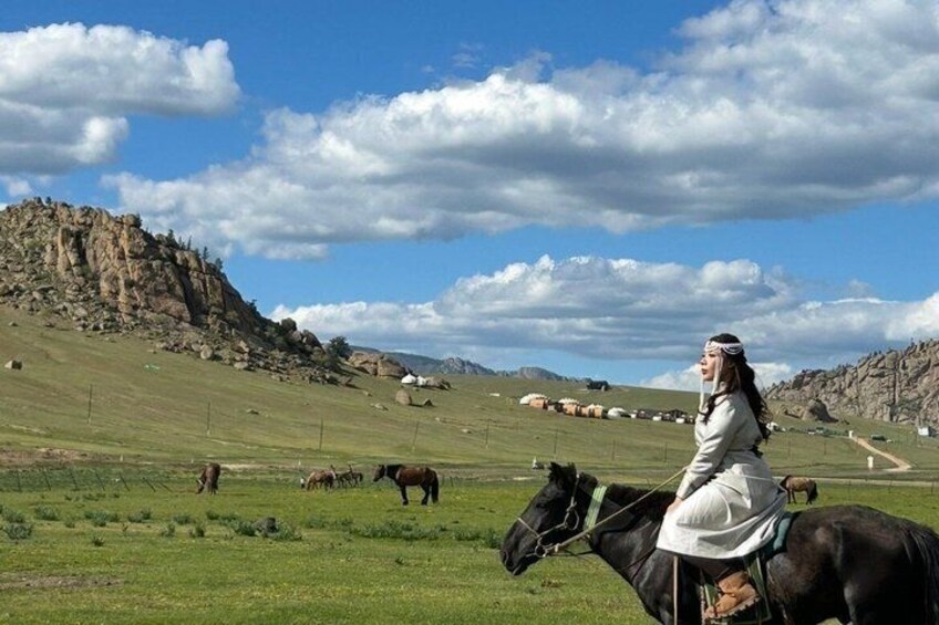 A person riding a horse in a grassy field with mountains in the background. 2