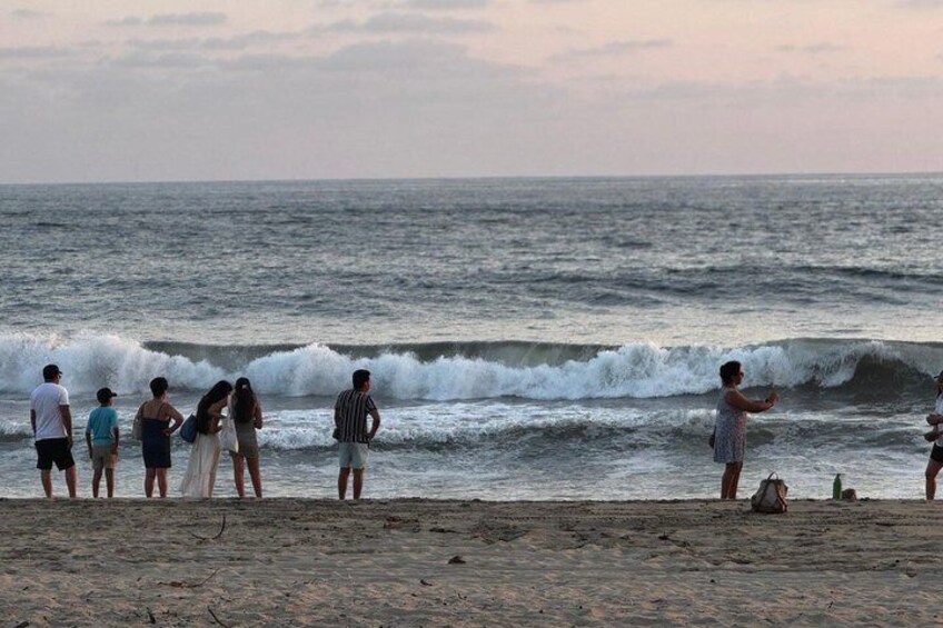 A beach with people standing and watching the ocean. 5