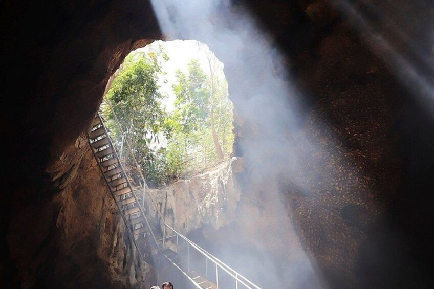 A cave entrance with a wooden ladder leading to a platform. 5