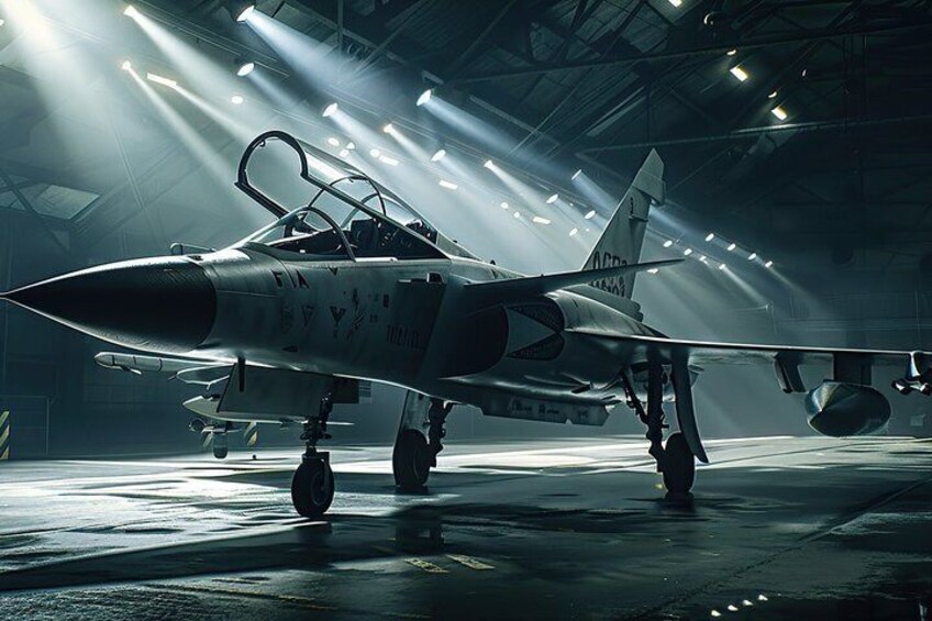 A military jet parked inside a hangar with lights illuminating the aircraft. 3