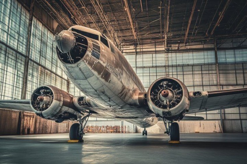 A vintage aircraft inside a hangar with large windows and metal beams. 5