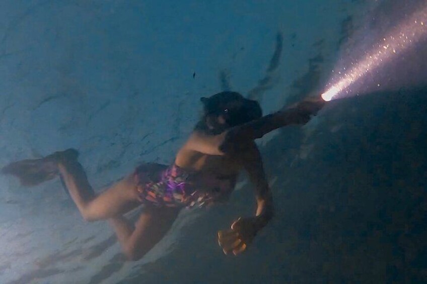 A person underwater, wearing a swimsuit, holding a flashlight. 1