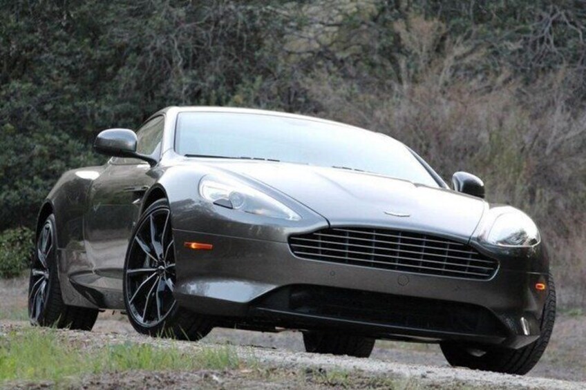 A silver sports car parked on a gravel path with trees in the background. 5