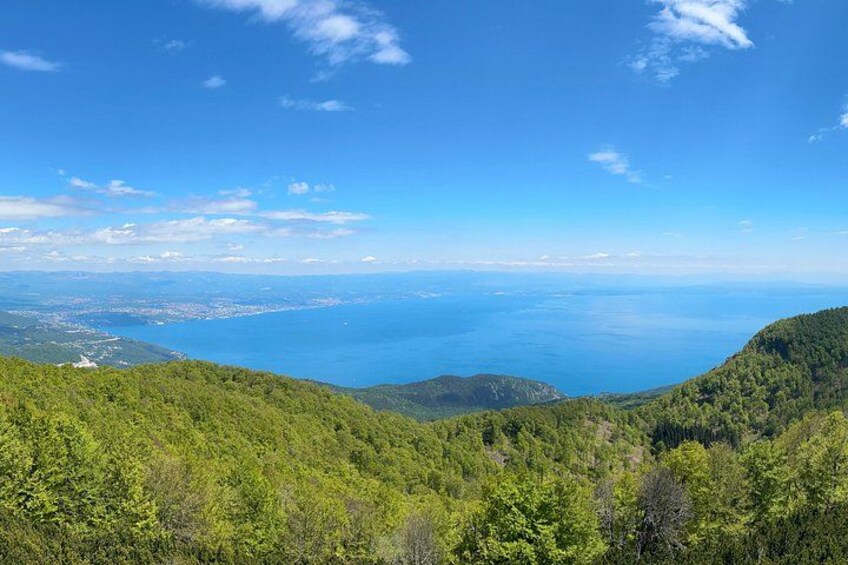 A mountainous landscape with dense green forests and a clear blue sky. 3