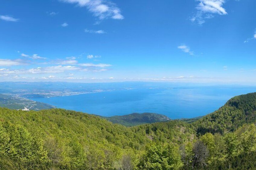 A mountainous landscape with dense green forests and a clear blue sky. 3