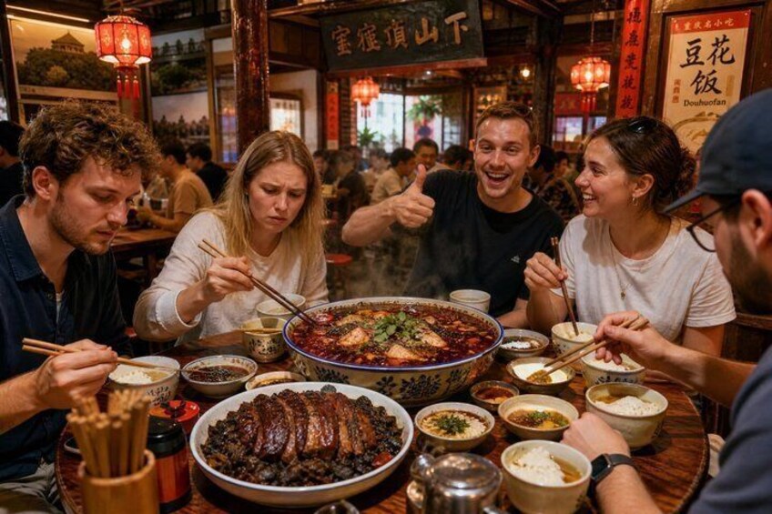 A group of people dining at a restaurant with various dishes and bowls of food on the table. 3