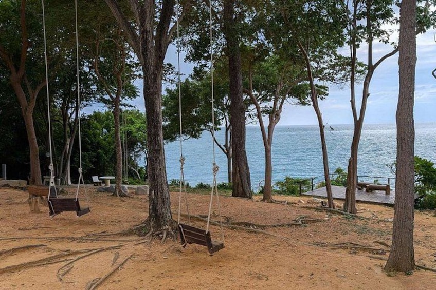 A beach with swings, trees, and a view of the sea. 2