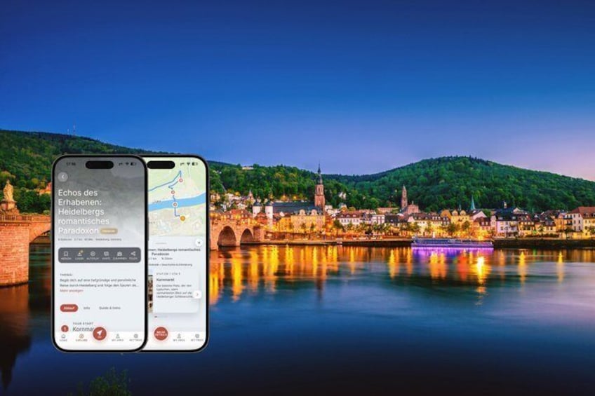 A smartphone displaying a travel app with a scenic view of a town by a river at dusk. 1