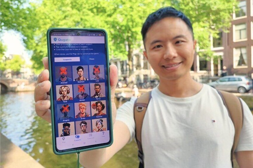 A person holding a smartphone displaying a game interface with character avatars. 4