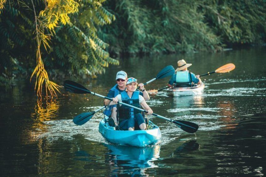 People kayaking on a calm river surrounded by dense foliage. 5