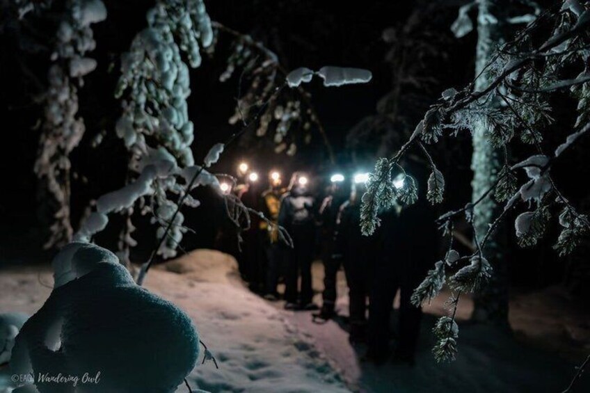 A snowy landscape with a group of people gathered, possibly for a winter event, and a vehicle with lights on in the background. 3