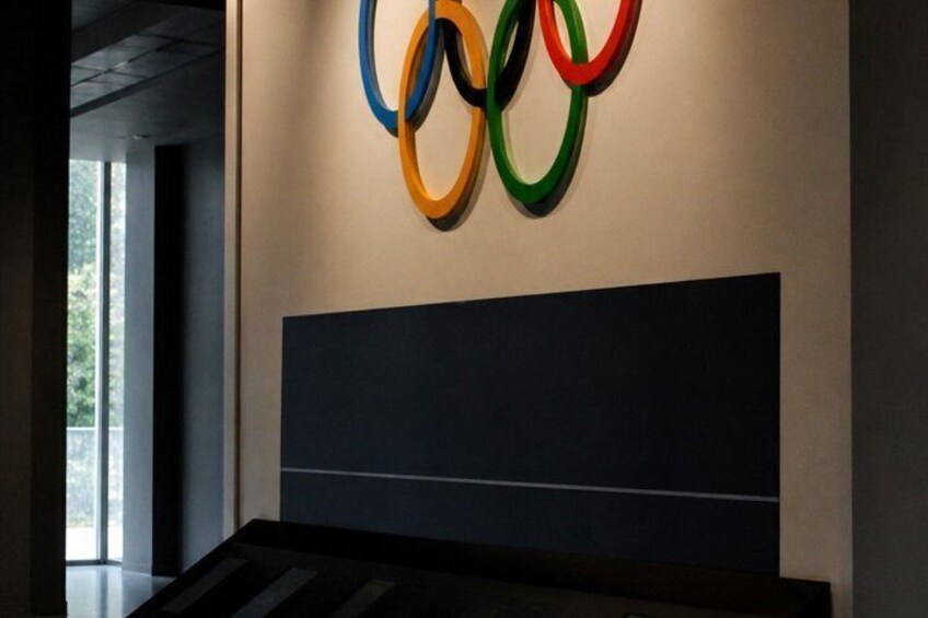 A modern interior with a wall-mounted Olympic rings decoration and a dark-colored headboard. 2