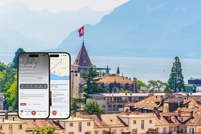 A smartphone displaying a map of Lausanne, Switzerland, with a view of the cityscape and mountains in the background. 1