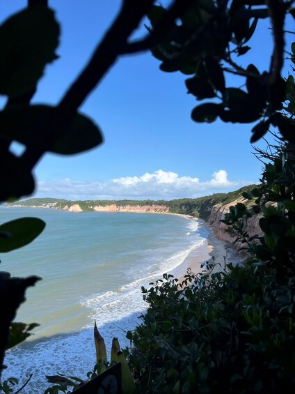A coastal landscape with a clear sky, a sandy beach, and rocky cliffs. 3