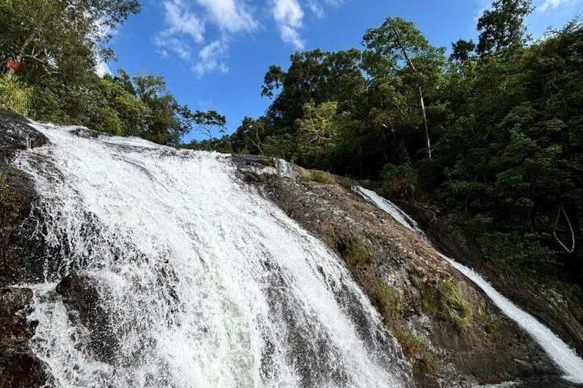 A waterfall cascading down a rocky slope surrounded by dense forest. 5