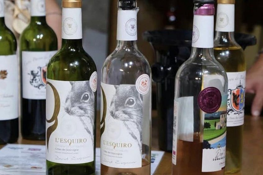 Bottles of wine with labels featuring a rabbit and the name 'L'ESQUIRO'. 4