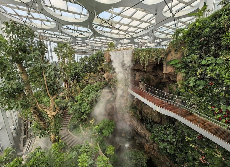 A lush indoor garden with a waterfall, a metal bridge, and a variety of plants. 3