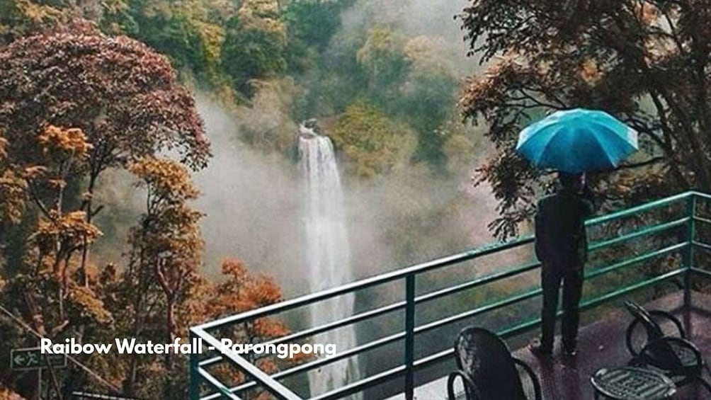 A person standing on a balcony overlooking a waterfall with a blue umbrella. 5