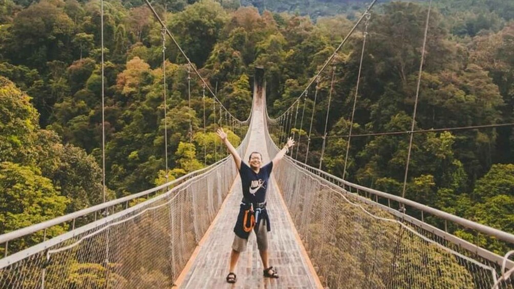 A person standing on a suspension bridge with arms raised, surrounded by dense forest. 3