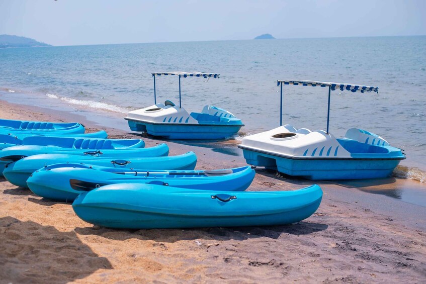 Several blue kayaks lined up on a sandy beach with the ocean in the background. 5