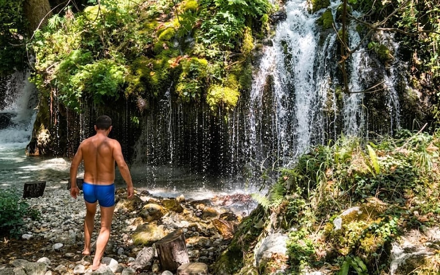 A man in blue swim trunks walking towards a waterfall in a forested area with rocks and greenery. 1