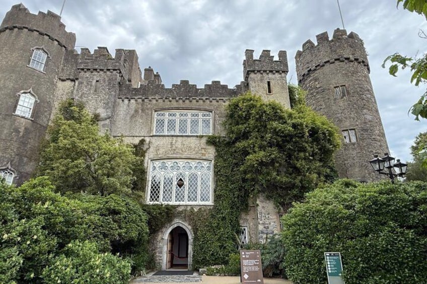 A castle with a central arched entrance, two round towers, and a large window with intricate designs. 5
