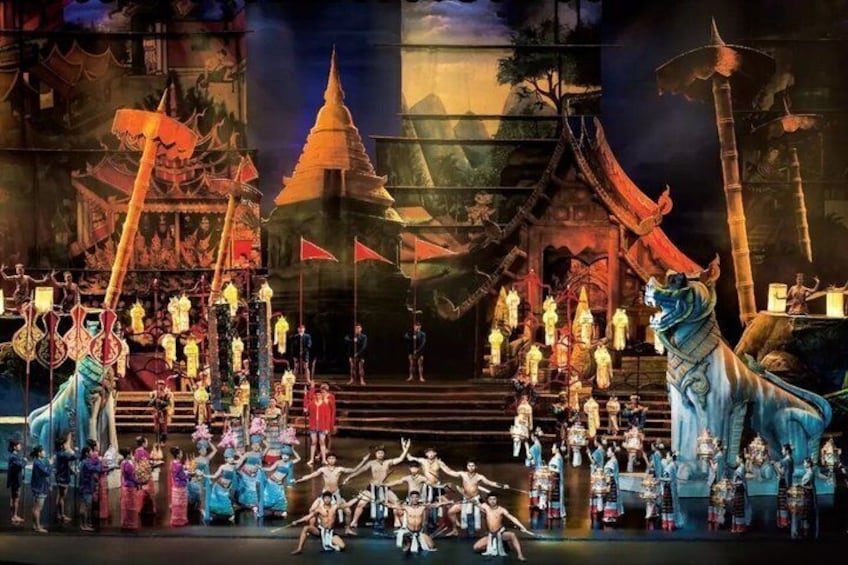 A traditional Asian theater with a dragon, performers, and a temple-like structure. 1