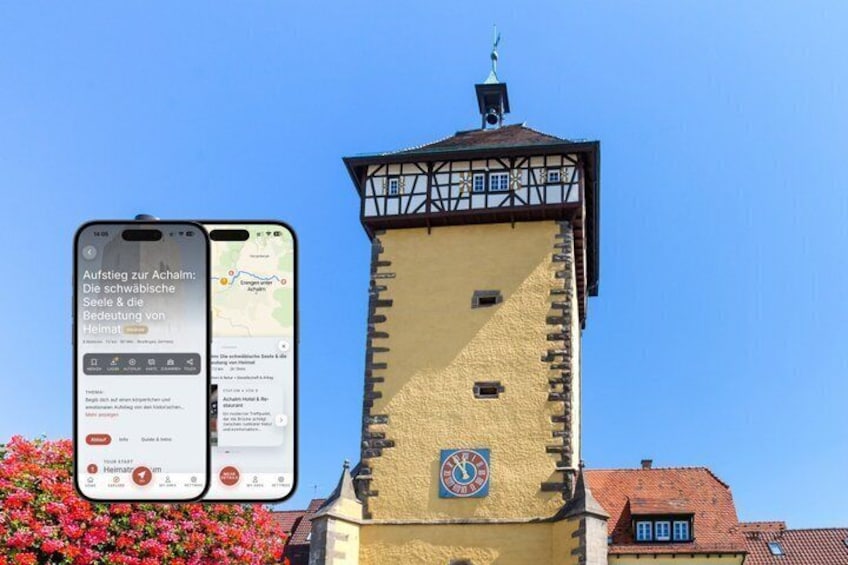 A yellow tower with a clock and a signboard, and a smartphone displaying a map. 1