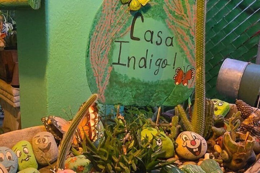 A display with a sign reading 'Casa Indigo!' surrounded by various colorful, whimsical objects and plants. 1